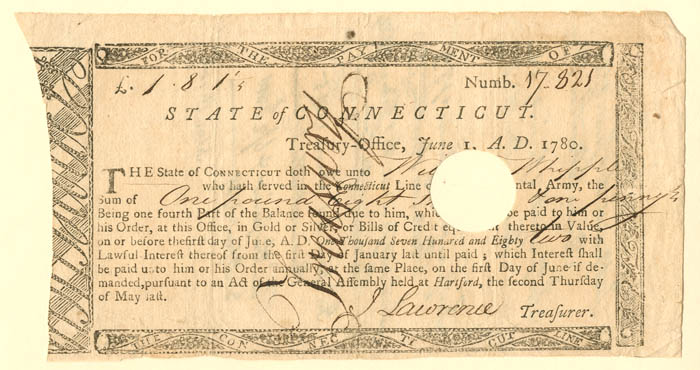 State of Connecticut Line Note signed by William Whipple - Dated 1780